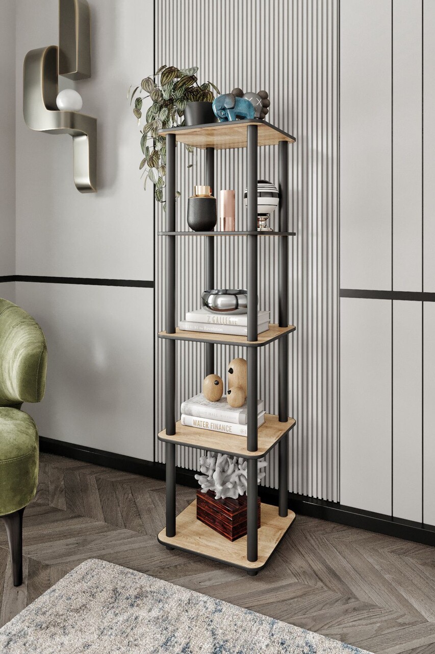 Corp biblioteca, Hanah Home, Bookcase 5 Tiers Square, 34x140x34 cm, MDF , Stejar - imagine 4